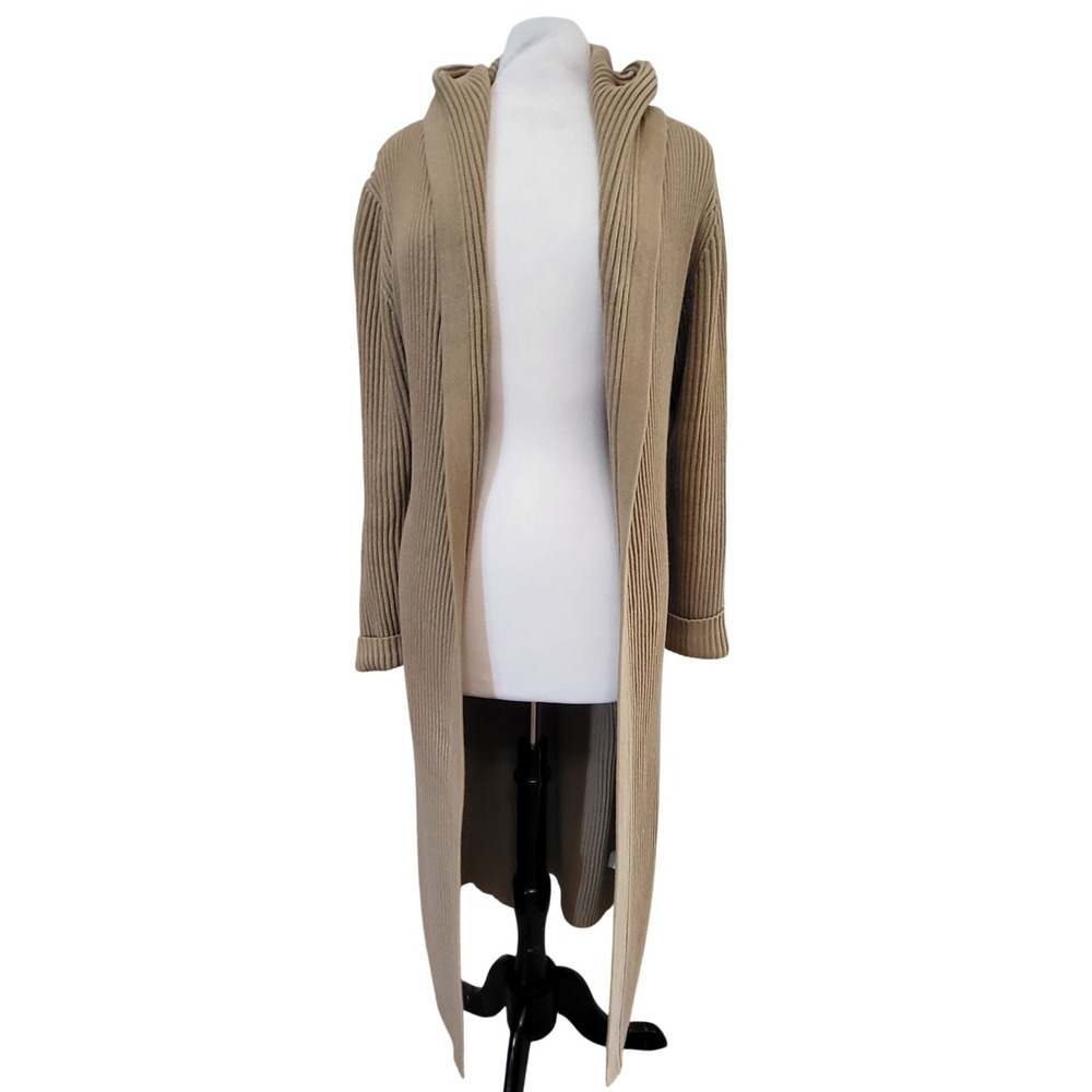 J. Crew Beige Preppy Dystopian Hooded Belted Chunky Knit Maxi Duster Sweater M - Picture 5 of 8